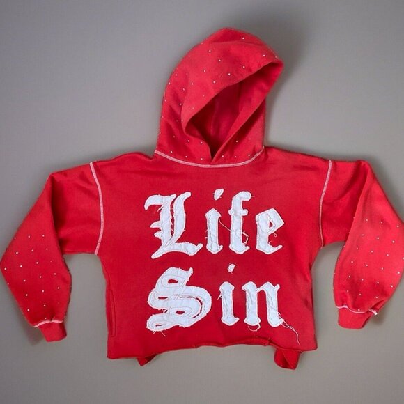 Y2K Life Of Sin Distressed Embroidered Bling Cross Hoodie - Picture 1 of 16
